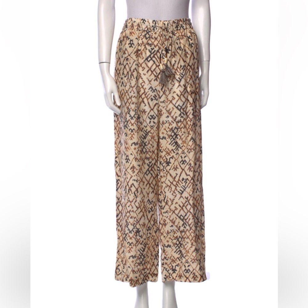 Elegant Beige Patterned Wide Leg Pants